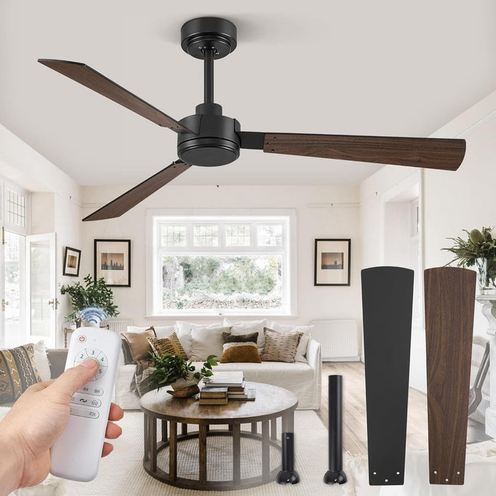 Set of 2 52 in. Ceiling Fan NO Light, Black Indoor Outdoor Ceiling Fan with Remote, 3 Blades Modern Ceiling Fan for Patio Living Room Bedroom-8-ErisView