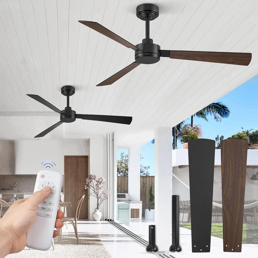Set of 2 52 in. Ceiling Fan NO Light, Black Indoor Outdoor Ceiling Fan with Remote, 3 Blades Modern Ceiling Fan for Patio Living Room Bedroom-1-ErisView