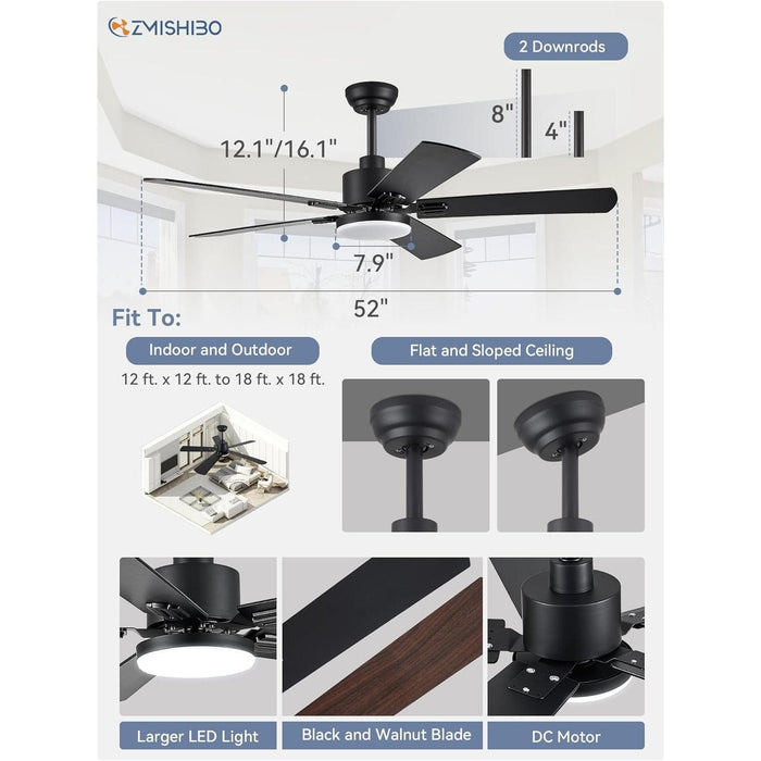 Set of 2 52 in. Ceiling Fans with Light and Remote Control, Farmhouse Walnut Quiet Ceiling Fans for Bedroom Kitchen Living Room-5-ErisView