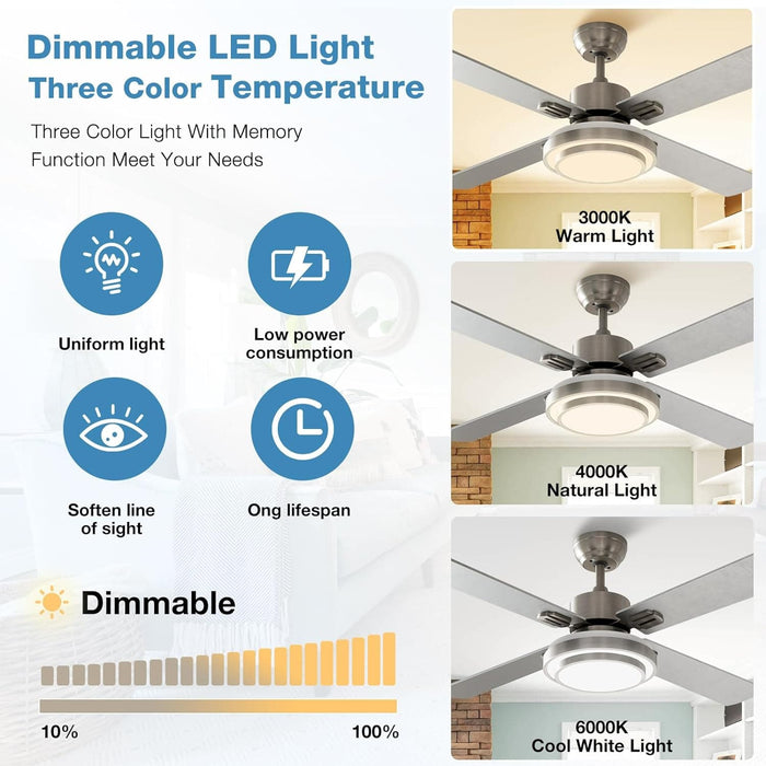 Set of 2 52 in. Indoor Remote Control Fan, Brushed Nickel Ceiling Fan with Light for Bedroom Living Room Office Basement Kitchen Dining Room-4-ErisView