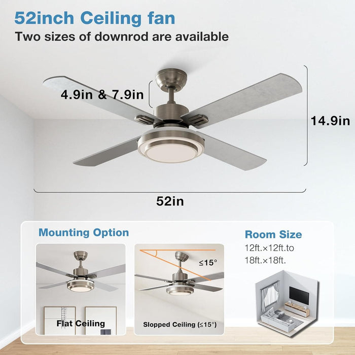 Set of 2 52 in. Indoor Remote Control Fan, Brushed Nickel Ceiling Fan with Light for Bedroom Living Room Office Basement Kitchen Dining Room-6-ErisView
