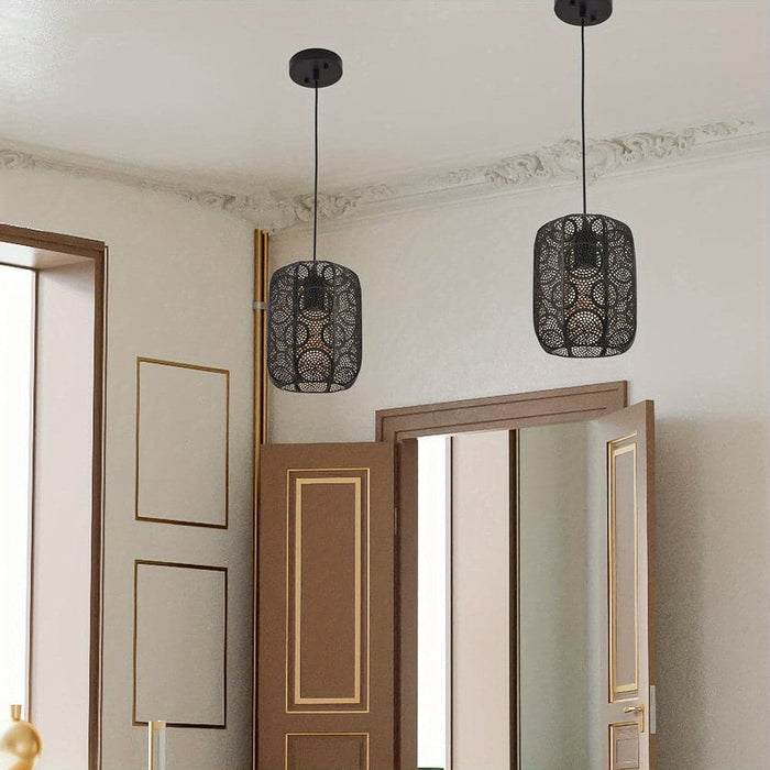 Set of 2 Black Hollow Lantern Pendant Light, Vintage Farmhouse Retro Pendant Lighting for Kitchen Island Dining Room Bedroom Hallway-ErisView