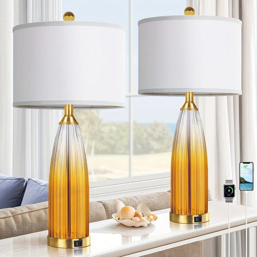 Set of 2 Large Vintage Table Lamp for Living Room with USB Ports, Drum-Shaded Bedside Lamp for Bedroom Nightstand, Coastal Desk Lamp for Side Table-Gold-ErisView