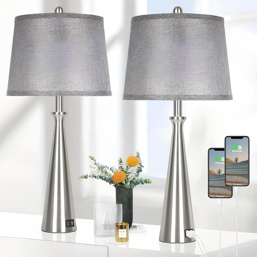 Set of 2 Sliver Table Lamps, Bedside Lamp with Grey Shade, Tall Nickel Nightstand Lamp Desk Lamp-ErisView