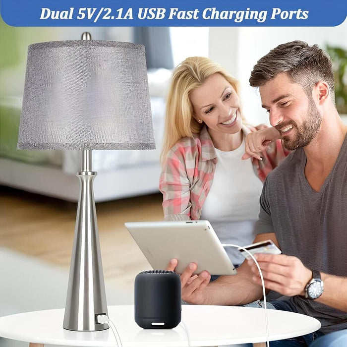 Set of 2 Sliver Table Lamps, Bedside Lamp with Grey Shade, Tall Nickel Nightstand Lamp Desk Lamp-USB Port-ErisView