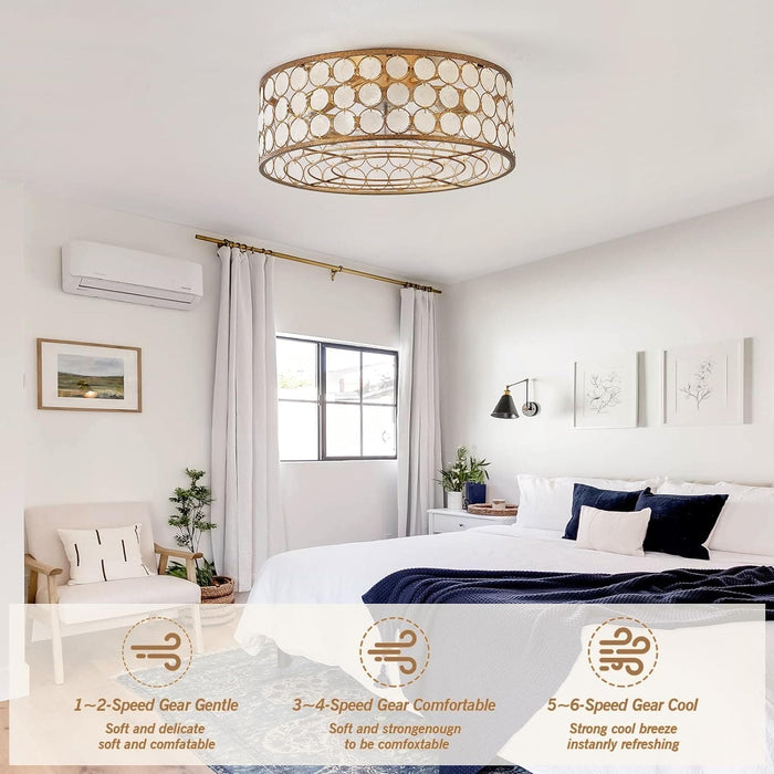 Shell Shaped Caged Ceiling Fan with Light and Remote Control, Flush Mount Enclosed Coastal Ceiling Fans, Boho Fandelier for Bedroom Living Room Kitchen-2-ErisView