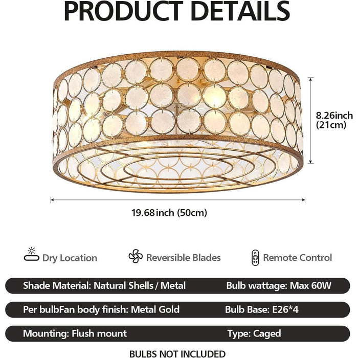 Shell Shaped Caged Ceiling Fan with Light and Remote Control, Flush Mount Enclosed Coastal Ceiling Fans, Boho Fandelier for Bedroom Living Room Kitchen-5-ErisView