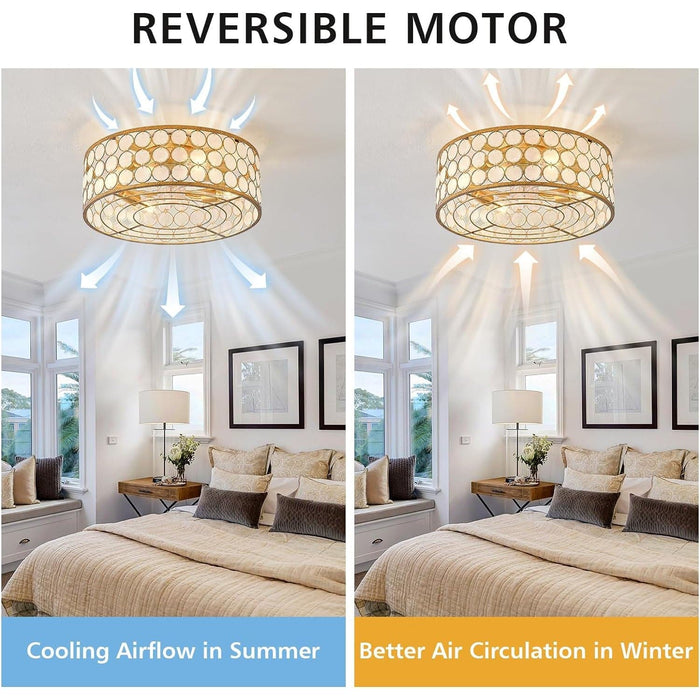 Shell Shaped Caged Ceiling Fan with Light and Remote Control, Flush Mount Enclosed Coastal Ceiling Fans, Boho Fandelier for Bedroom Living Room Kitchen-6-ErisView
