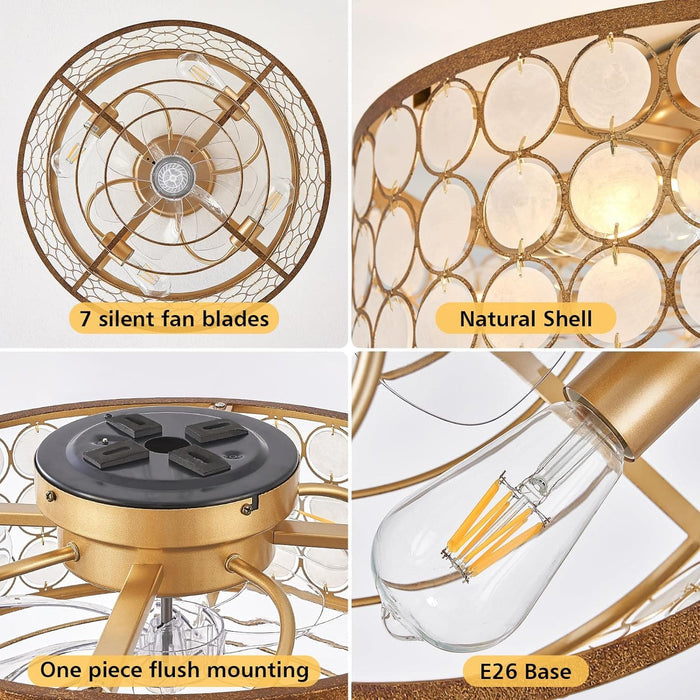 Shell Shaped Caged Ceiling Fan with Light and Remote Control, Flush Mount Enclosed Coastal Ceiling Fans, Boho Fandelier for Bedroom Living Room Kitchen-8-ErisView