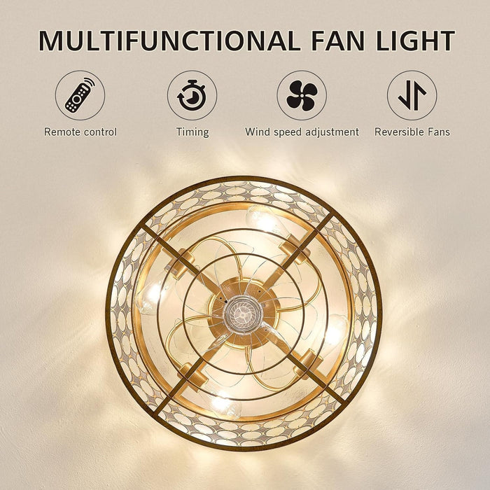 Shell Shaped Caged Ceiling Fan with Light and Remote Control, Flush Mount Enclosed Coastal Ceiling Fans, Boho Fandelier for Bedroom Living Room Kitchen-9-ErisView