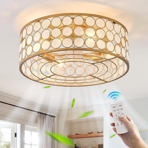 Shell Shaped Caged Ceiling Fan with Light and Remote Control, Flush Mount Enclosed Coastal Ceiling Fans, Boho Fandelier for Bedroom Living Room Kitchen-1-ErisView