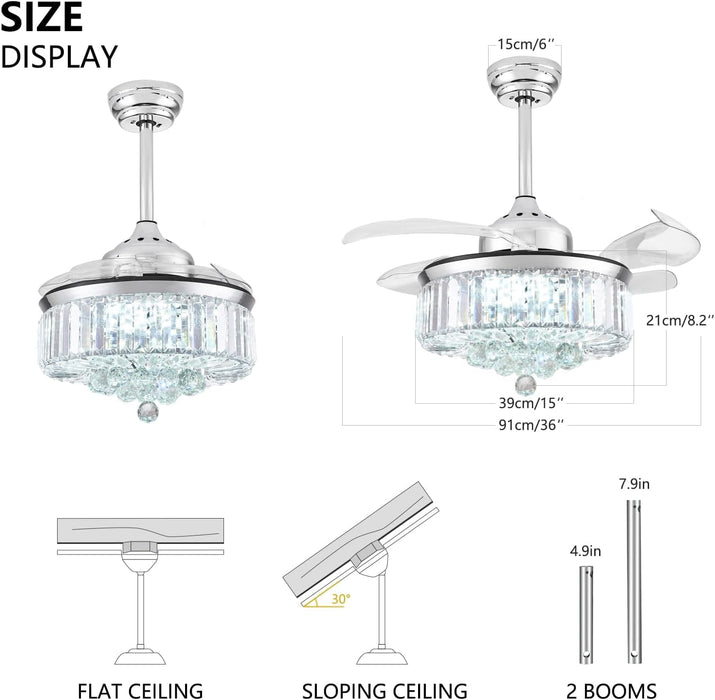 Silver Crystal Ceiling Fan with Lights and Remote, Modern Retractable Ceiling Fan Chandelier for Bedroom Living Room Dining Room-2-ErisView