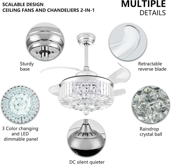 Silver Crystal Ceiling Fan with Lights and Remote, Modern Retractable Ceiling Fan Chandelier for Bedroom Living Room Dining Room-3-ErisView