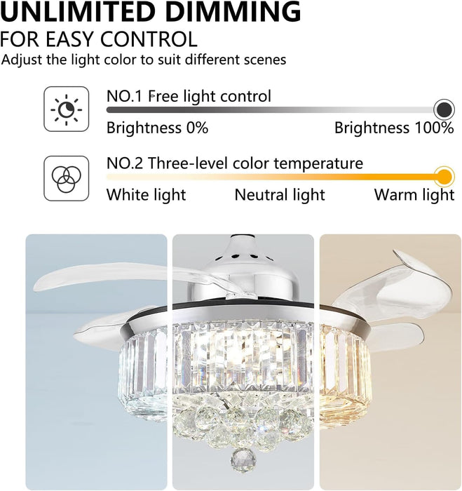 Silver Crystal Ceiling Fan with Lights and Remote, Modern Retractable Ceiling Fan Chandelier for Bedroom Living Room Dining Room-4-ErisView