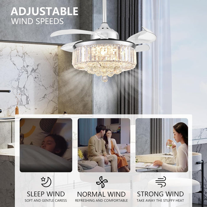 Silver Crystal Ceiling Fan with Lights and Remote, Modern Retractable Ceiling Fan Chandelier for Bedroom Living Room Dining Room-5-ErisView