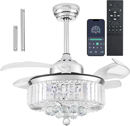 Silver Crystal Ceiling Fan with Lights and Remote, Modern Retractable Ceiling Fan Chandelier for Bedroom Living Room Dining Room-1-ErisView