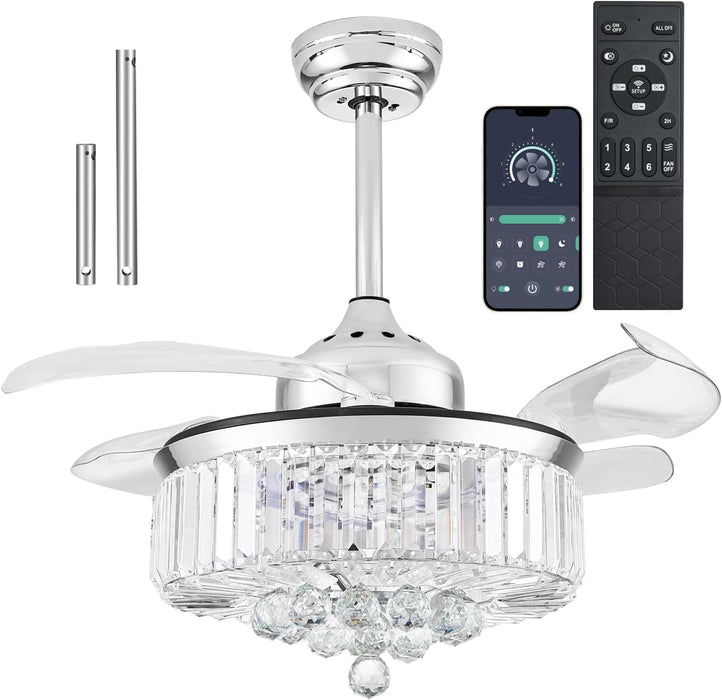 Silver Crystal Ceiling Fan with Lights and Remote, Modern Retractable Ceiling Fan Chandelier for Bedroom Living Room Dining Room-1-ErisView