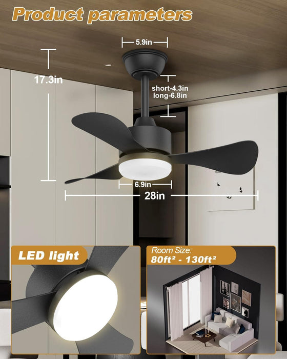 Small Black Ceiling Fan with Light and Remote, Modern Ceiling Fan for Kitchen, Reversible Outdoor Fan for Patio-6-ErisView