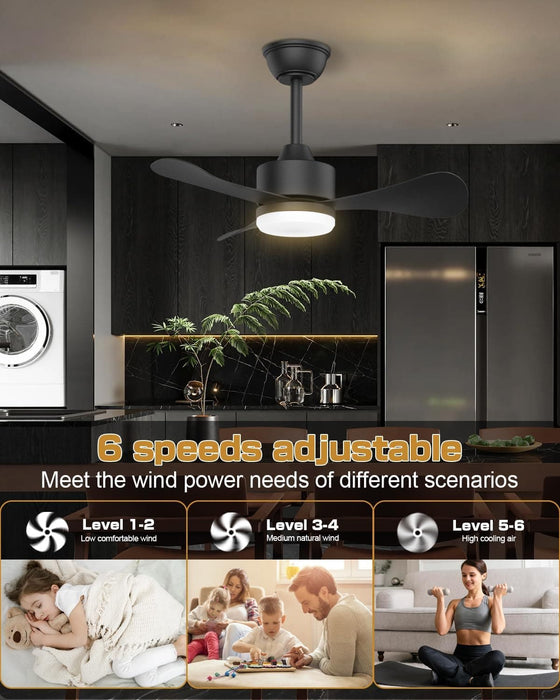 Small Black Ceiling Fan with Light and Remote, Modern Ceiling Fan for Kitchen, Reversible Outdoor Fan for Patio-7-ErisView