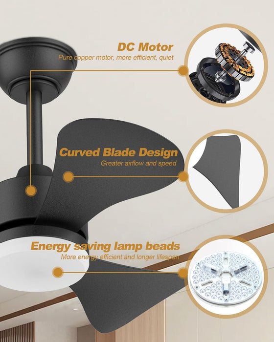Small Black Ceiling Fan with Light and Remote, Modern Ceiling Fan for Kitchen, Reversible Outdoor Fan for Patio-8-ErisView