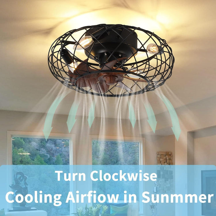 Small Brown Caged Ceiling Fan, Industrial Rustic Ceiling Fans, Low Profile Flush Mount Ceiling Fan and Light -2-ErisView