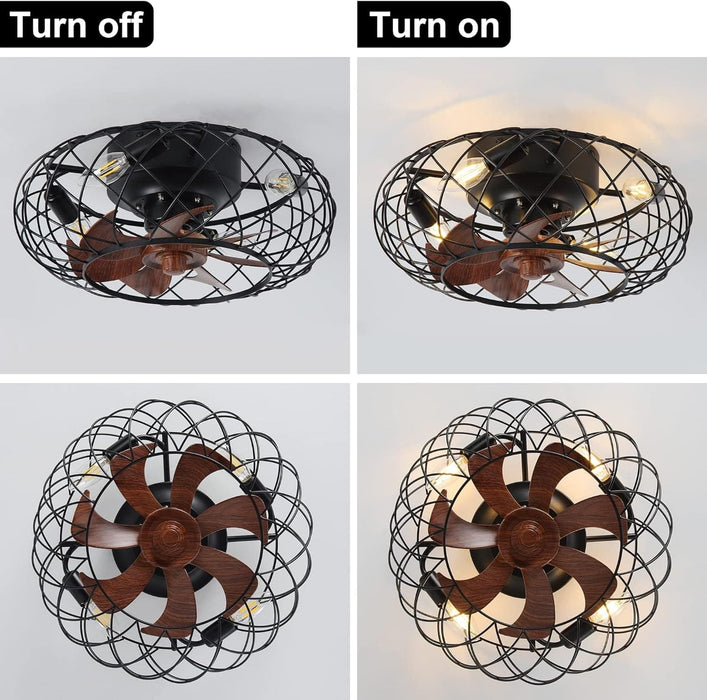 Small Brown Caged Ceiling Fan, Industrial Rustic Ceiling Fans, Low Profile Flush Mount Ceiling Fan and Light -3-ErisView