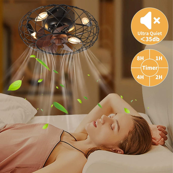 Small Brown Caged Ceiling Fan, Industrial Rustic Ceiling Fans, Low Profile Flush Mount Ceiling Fan and Light -4-ErisView