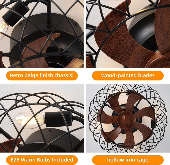 Small Brown Caged Ceiling Fan, Industrial Rustic Ceiling Fans, Low Profile Flush Mount Ceiling Fan and Light -5-ErisView