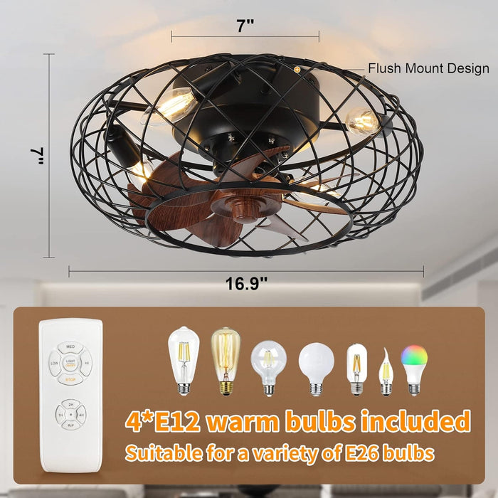 Small Brown Caged Ceiling Fan, Industrial Rustic Ceiling Fans, Low Profile Flush Mount Ceiling Fan and Light -6-ErisView
