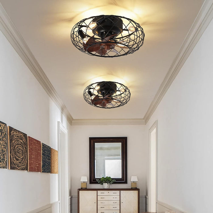 Small Brown Caged Ceiling Fan, Industrial Rustic Ceiling Fans, Low Profile Flush Mount Ceiling Fan and Light -7-ErisView