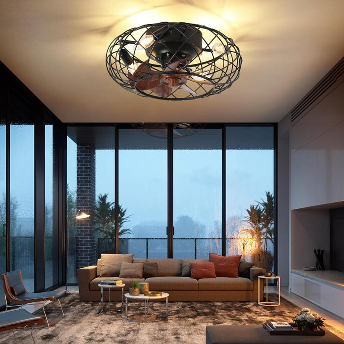 Small Brown Caged Ceiling Fan, Industrial Rustic Ceiling Fans, Low Profile Flush Mount Ceiling Fan and Light -8-ErisView