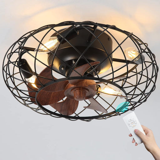 Small Brown Caged Ceiling Fan, Industrial Rustic Ceiling Fans, Low Profile Flush Mount Ceiling Fan and Light -1-ErisView