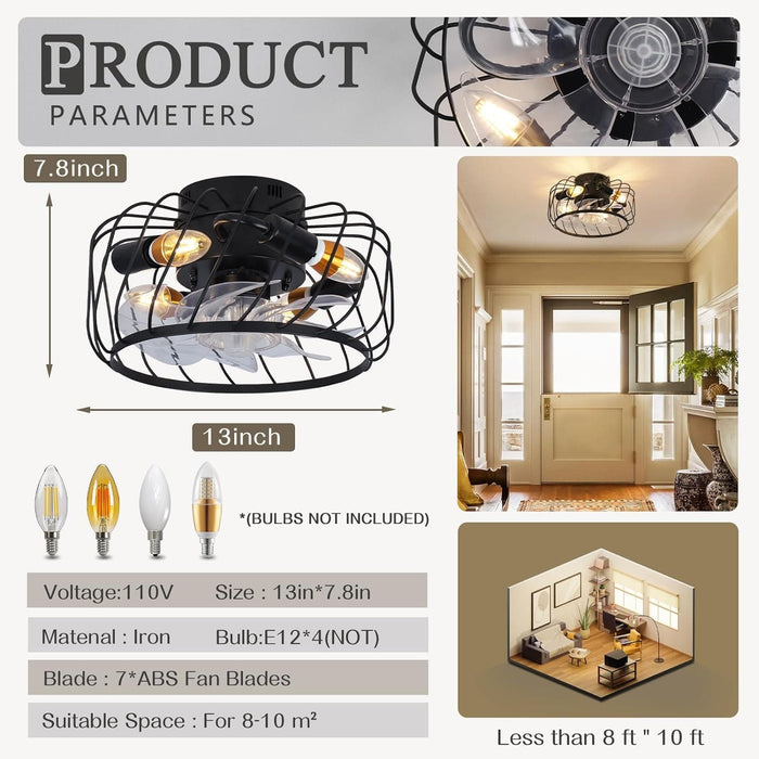 Small Caged Ceiling Fan with Light, Low Profile Ceiling Fan with Remote, Reversible Bladeless Modern Ceiling Fan for Bedroom Kitchen Hallway-2-ErisView