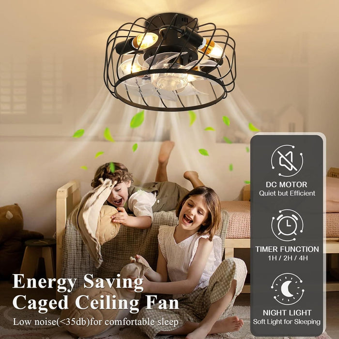 Small Caged Ceiling Fan with Light, Low Profile Ceiling Fan with Remote, Reversible Bladeless Modern Ceiling Fan for Bedroom Kitchen Hallway-3-ErisView