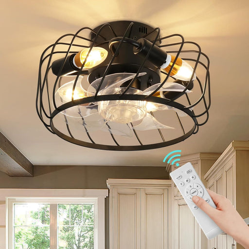 Small Caged Ceiling Fan with Light, Low Profile Ceiling Fan with Remote, Reversible Bladeless Modern Ceiling Fan for Bedroom Kitchen Hallway-1-ErisView