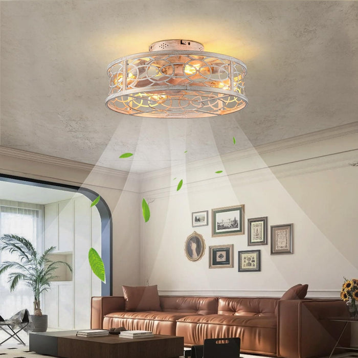 Small Caged Ceiling Fan with Remote, Farmhouse Ceiling Fan with Low Profile Light, Flush Mount Bladeless Fan for Bedroom Dining Room Kitchen Living Room-2-ErisView
