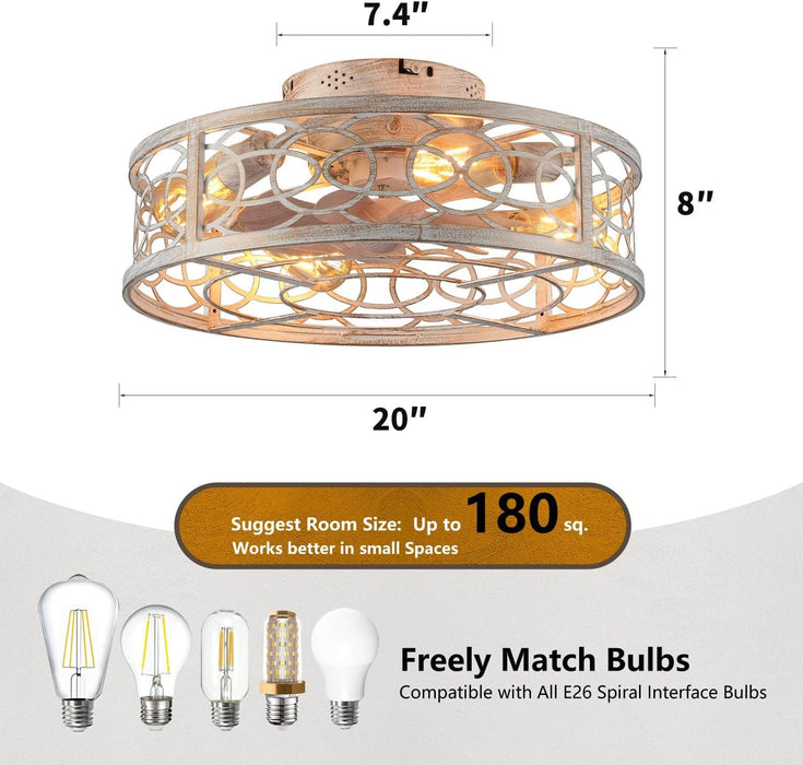 Small Caged Ceiling Fan with Remote, Farmhouse Ceiling Fan with Low Profile Light, Flush Mount Bladeless Fan for Bedroom Dining Room Kitchen Living Room-3-ErisView