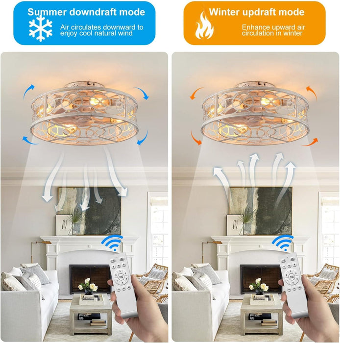 Small Caged Ceiling Fan with Remote, Farmhouse Ceiling Fan with Low Profile Light, Flush Mount Bladeless Fan for Bedroom Dining Room Kitchen Living Room-4-ErisView