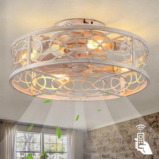 Small Caged Ceiling Fan with Remote, Farmhouse Ceiling Fan with Low Profile Light, Flush Mount Bladeless Fan for Bedroom Dining Room Kitchen Living Room-1-ErisView