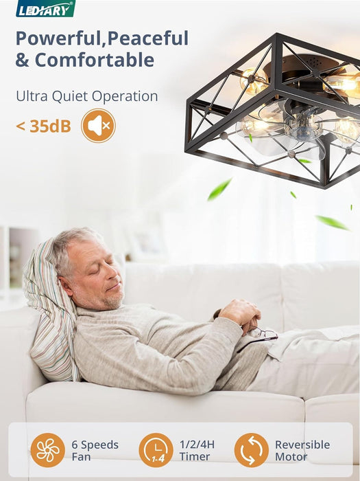 Small Caged Flush Mount Remote Control Ceiling Fan and Light, Black Square Low Profile Ceiling Fan, Farmhouse Bladeless Ceiling Fan for Bedroom Kitchen-2-ErisView
