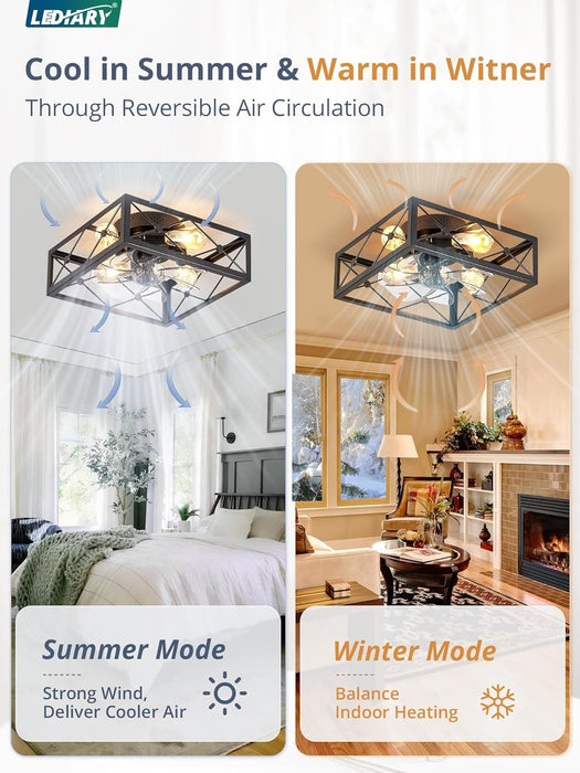 Small Caged Flush Mount Remote Control Ceiling Fan and Light, Black Square Low Profile Ceiling Fan, Farmhouse Bladeless Ceiling Fan for Bedroom Kitchen-3-ErisView