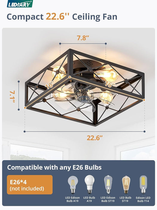 Small Caged Flush Mount Remote Control Ceiling Fan and Light, Black Square Low Profile Ceiling Fan, Farmhouse Bladeless Ceiling Fan for Bedroom Kitchen-6-ErisView