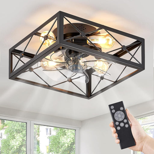 Small Caged Flush Mount Remote Control Ceiling Fan and Light, Black Square Low Profile Ceiling Fan, Farmhouse Bladeless Ceiling Fan for Bedroom Kitchen-1-ErisView