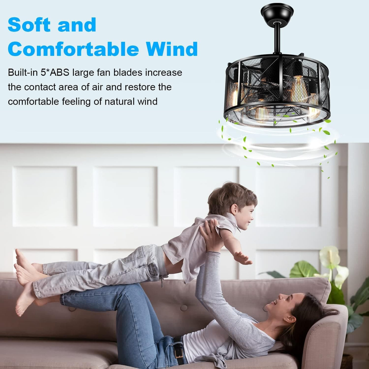 Small Enclosed Caged Ceiling Fan with Light and Remote, Black Farmhous ...