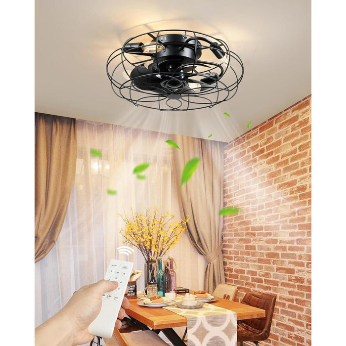 Small Enclosed Caged Ceiling Fan with Light and Remote, Black Vintage Industrial Flush Mount Ceiling Fan Light Fixture for Bedroom Living Room  Dining Room-3-ErisView