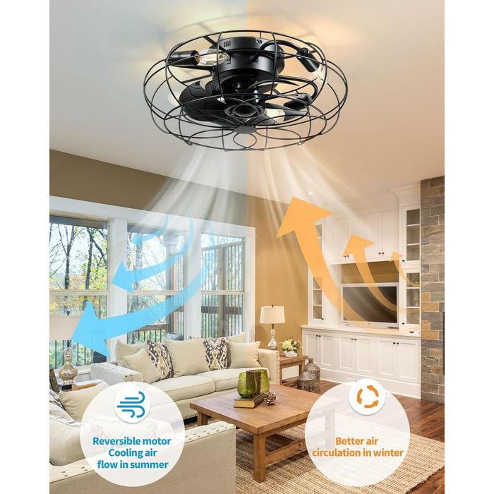 Small Enclosed Caged Ceiling Fan with Light and Remote, Black Vintage Industrial Flush Mount Ceiling Fan Light Fixture for Bedroom Living Room  Dining Room-5-ErisView