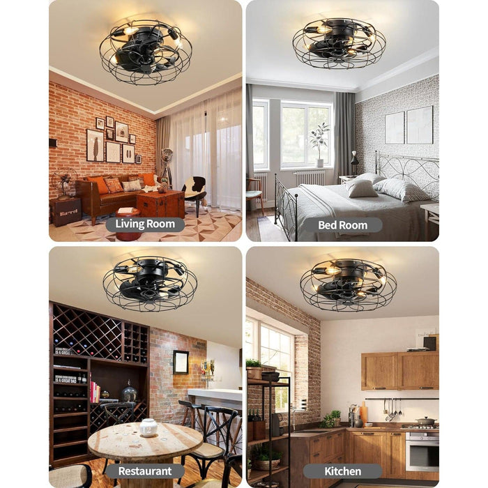 Small Enclosed Caged Ceiling Fan with Light and Remote, Black Vintage Industrial Flush Mount Ceiling Fan Light Fixture for Bedroom Living Room  Dining Room-6-ErisView