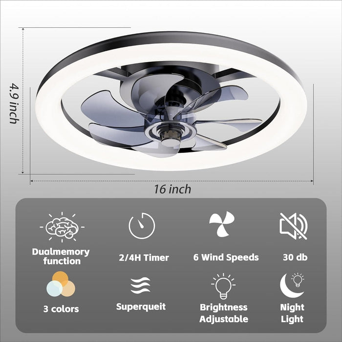 Small Low Profile Ceiling Fan with Lights and Remote, Flush Mount Fandelier Ceiling Fan, Bladeless LED Ceiling Fan and Light, Black Modern Ceiling Fan-2-ErisView