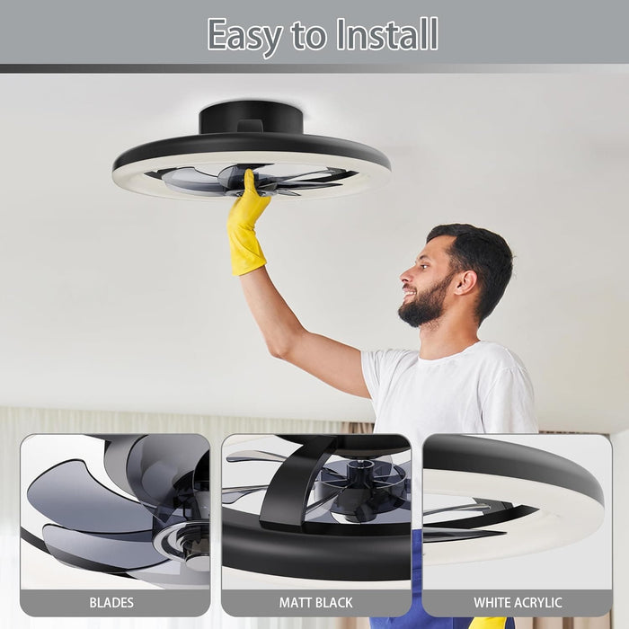 Small Low Profile Ceiling Fan with Lights and Remote, Flush Mount Fandelier Ceiling Fan, Bladeless LED Ceiling Fan and Light, Black Modern Ceiling Fan-3-ErisView