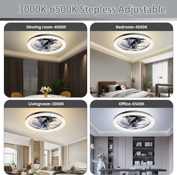 Small Low Profile Ceiling Fan with Lights and Remote, Flush Mount Fandelier Ceiling Fan, Bladeless LED Ceiling Fan and Light, Black Modern Ceiling Fan-4-ErisView